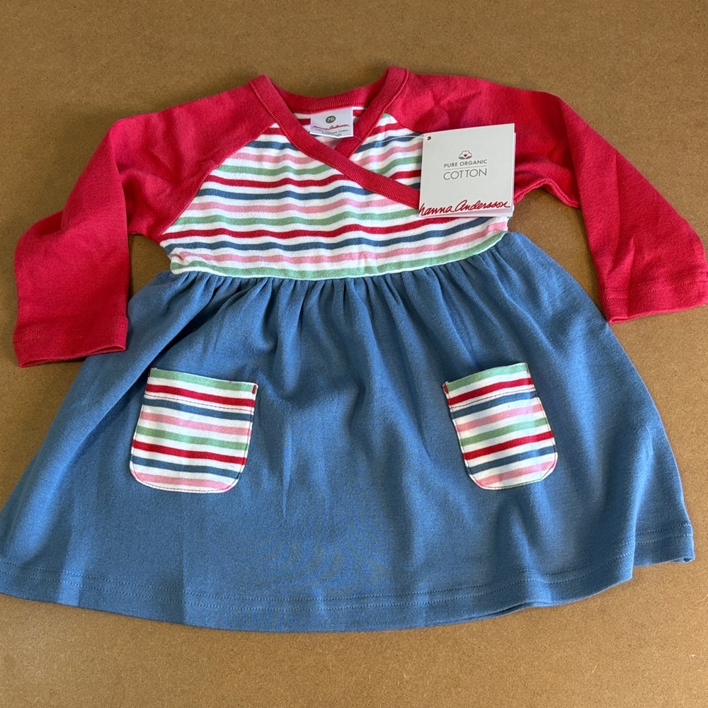 NWT Hanna Andersson Girl’s Dress Striped Blue Red Pockets Cotton Size 70 6-12 M